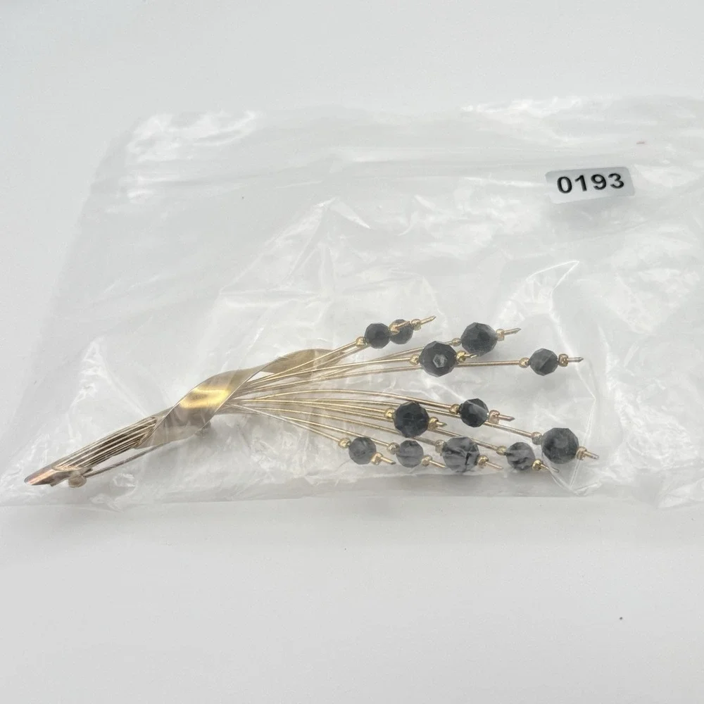 Vintage Gold Tone Spray Brooch Black Faceted Beads Floral Statement Pin